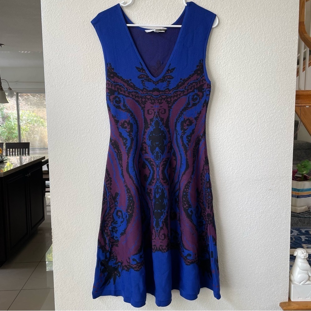 Tracy Reese blue sleeveless knit geometric pattern midi dress fit and flare